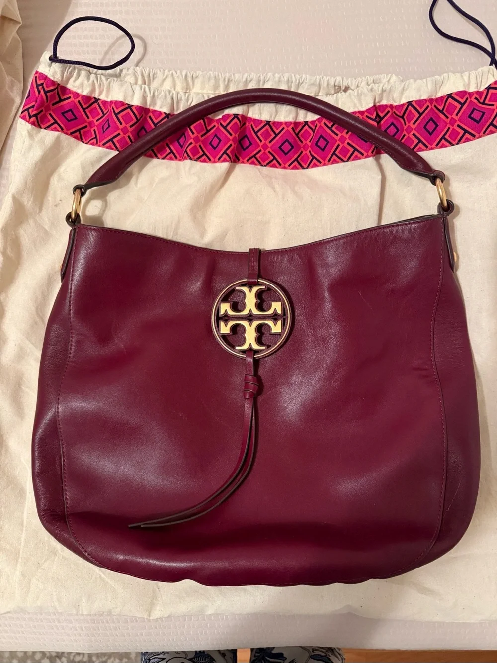 Tory Burch Burgundy (Deep Wine) Miller Leather Hobo Bag with Gold Logo